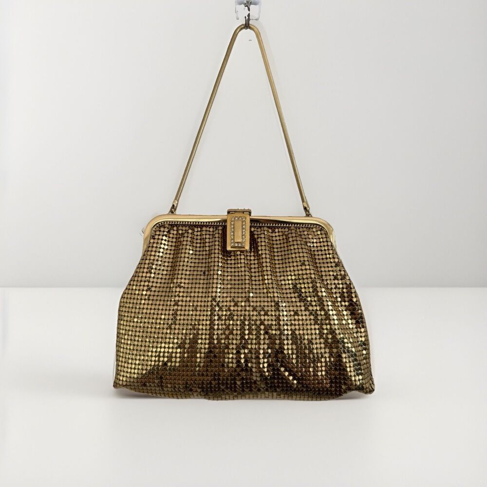 Whiting & Davis Gold Mesh Evening Bag Chain Handle Rhinestone Decorative Clasp